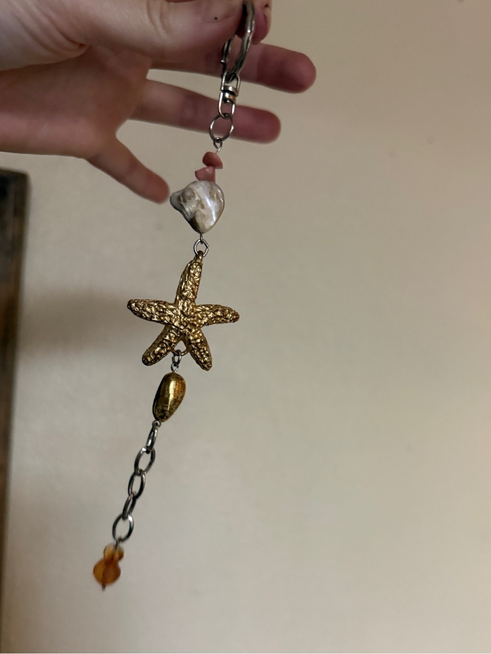 Gold Starfish Keychain purse charm with Shell and Coral Beads